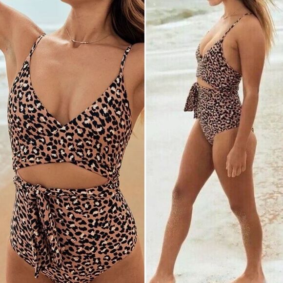 NWT Aerie Leopard Print Wrap Top One Piece CutOut Swimsuit Mocha Size Small Long - Picture 1 of 16